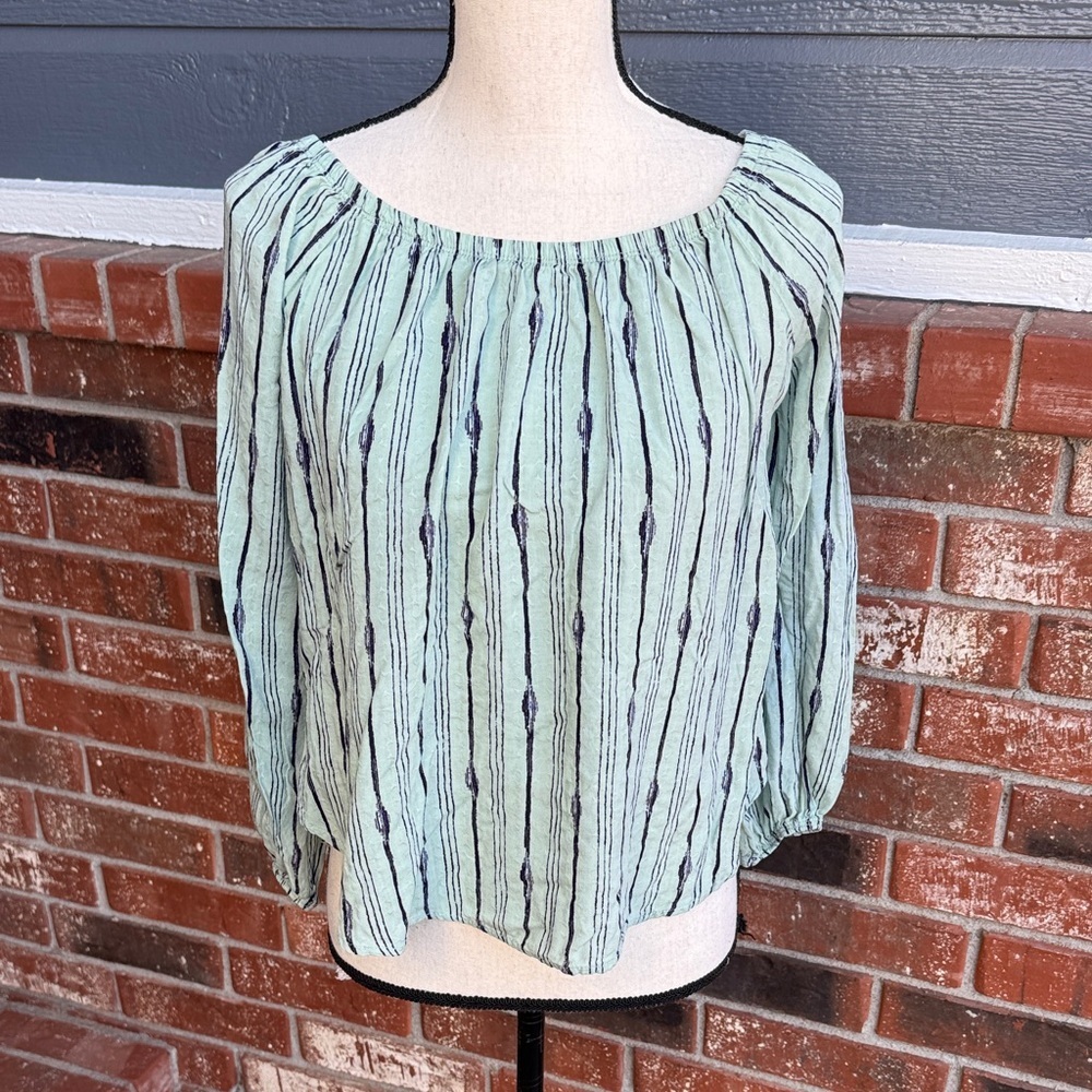Potter's Pot Small Green Blue Striped Off The Shoulder Blouse Made in USA Boho